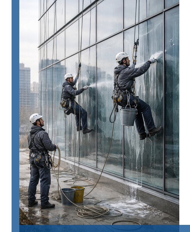 Промышленная мойка панорамных окон на высоте в Кирове