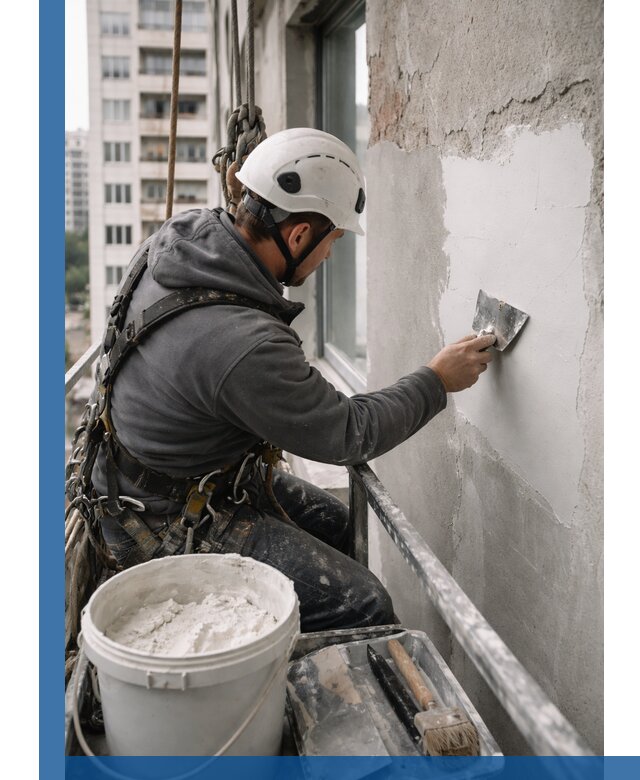 Шпаклевка фасадов на высоте с промальпинистами в Кирове