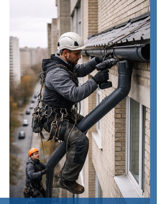 Монтаж водосточной системы на здании в Кирове от 5083 р. | ВЫСОТНИК-Кро