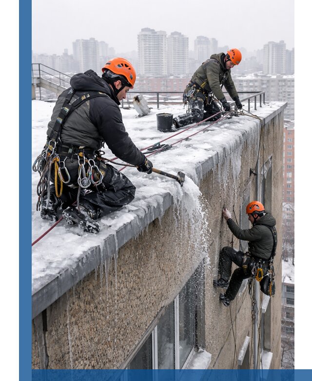 Удаление наледи с кровли в Кирове промышленными альпинистами