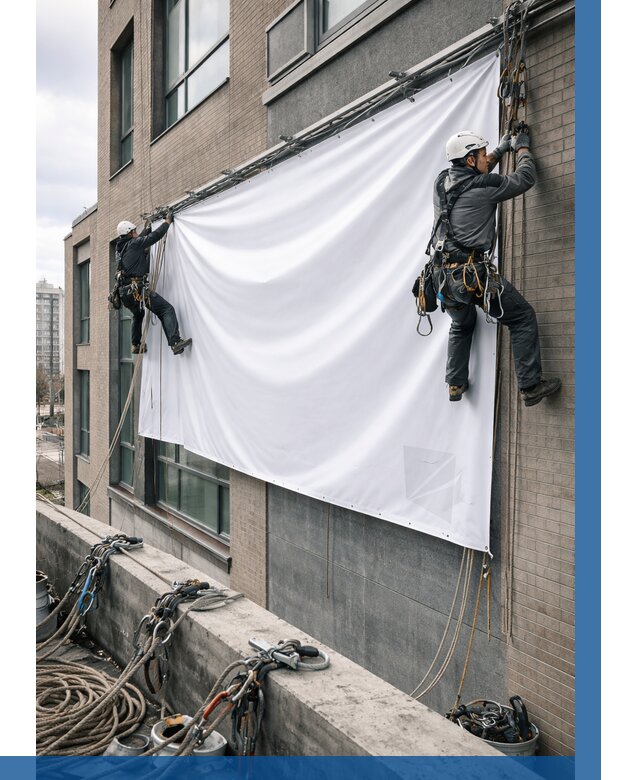 Монтаж баннеров на фасаде в Кирове от 661 р. заказать ВЫСОТНИК-Кро