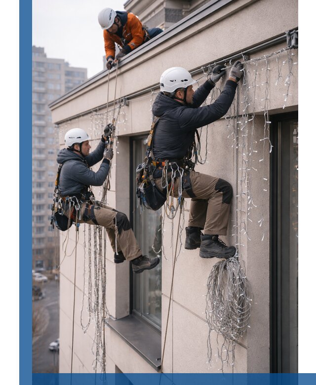 Монтаж праздничных гирлянд на фасаде в Кирове для зданий