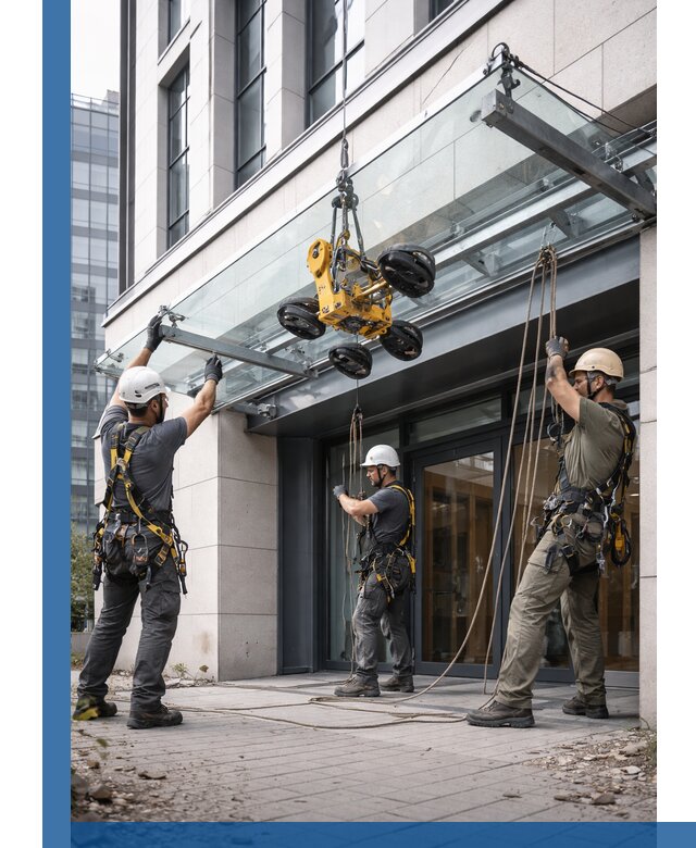 Монтаж стеклянных козырьков под ключ в Кирове для зданий