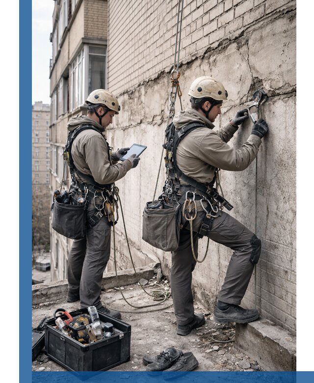 Обследование фасада промышленными альпинистами в Кирове